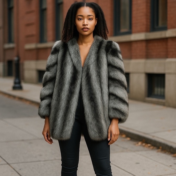 Outlayers Fur Coat Size 8 Black Gray - Picture 1 of 8